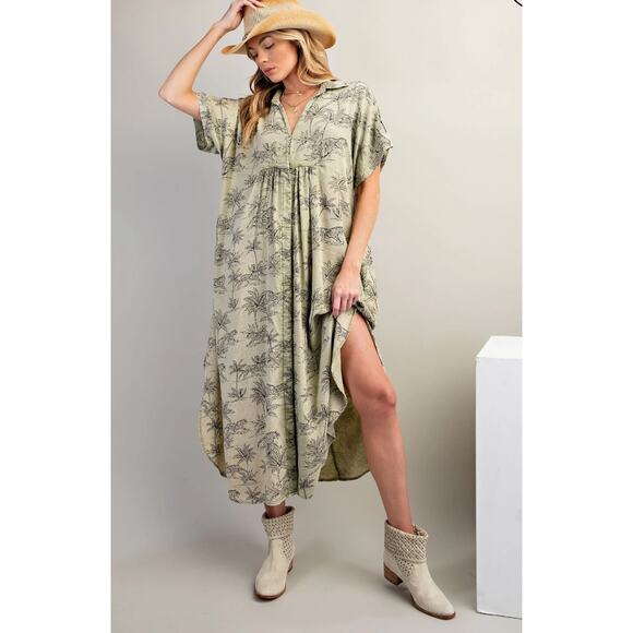 Easel Dress Small Green Tiger Print Button Front Midi Boho Safari Slits Roll Tab - Picture 2 of 16